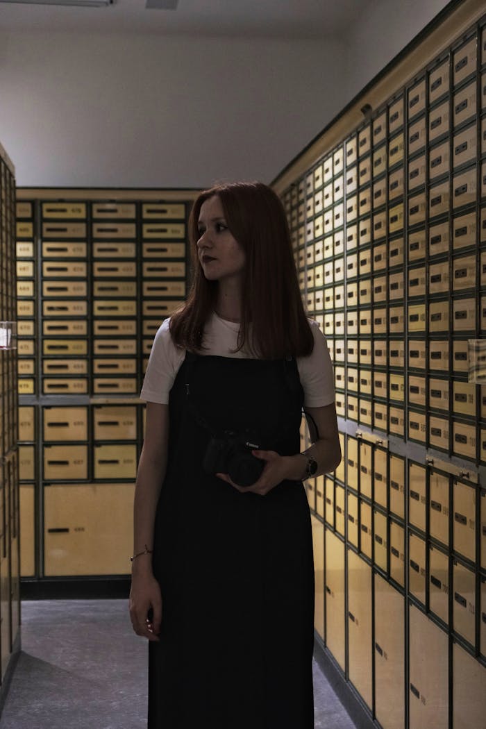 embark Young woman standing in a vault surrounded by safety deposit boxes, holding a camera.